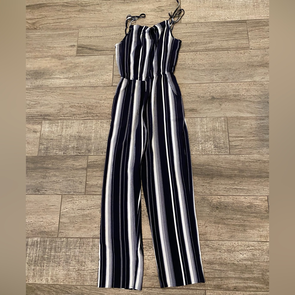 Women’s striped jumpsuit, navy and white- M